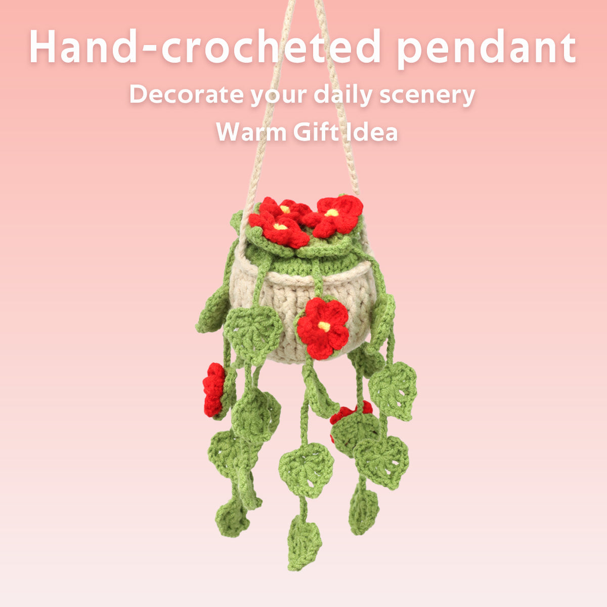 Handmade Crochet Hanging Potted Ornament with Red Blossoms & Green Vines - Indoor Home Decor