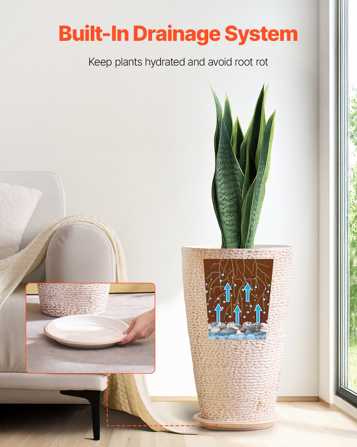 Tall Outdoor Planters Set of 2 - 21 Inch Large Round Flower Pots with Drainage