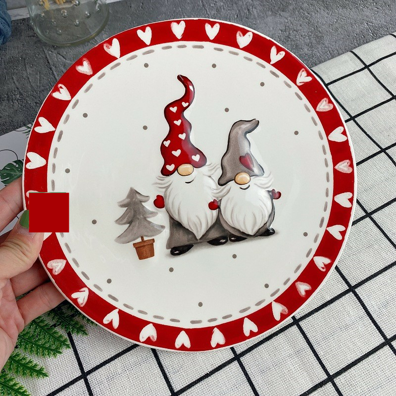 Round Christmas Ceramic Embossed Dish - Shallow Porcelain Tableware, Red