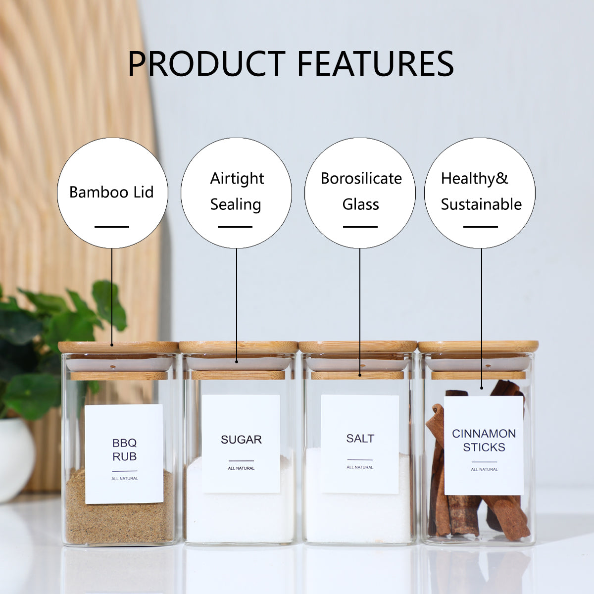 24 PCS Square Glass Seasoning Jars - 240ml Kitchen Storage