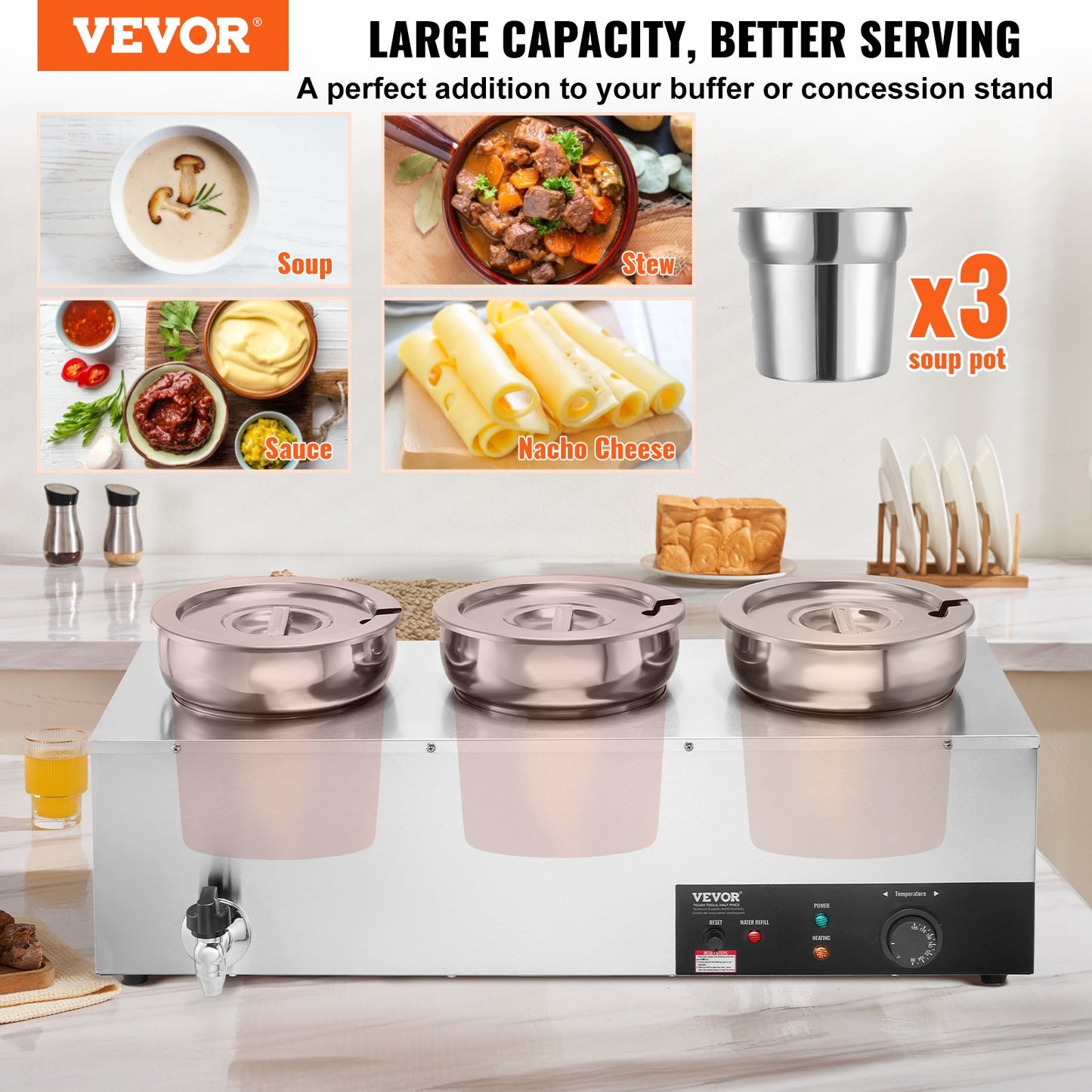 Electric Soup Warmer 7.4QT Stainless Steel Food Warmer Adjustable Temp 86-185°F