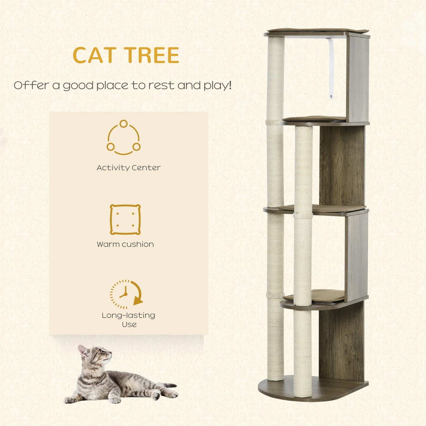 65-Inch Modern Corner Cat Tree Tower with Scratching Posts for Indoor Cats - Cream White