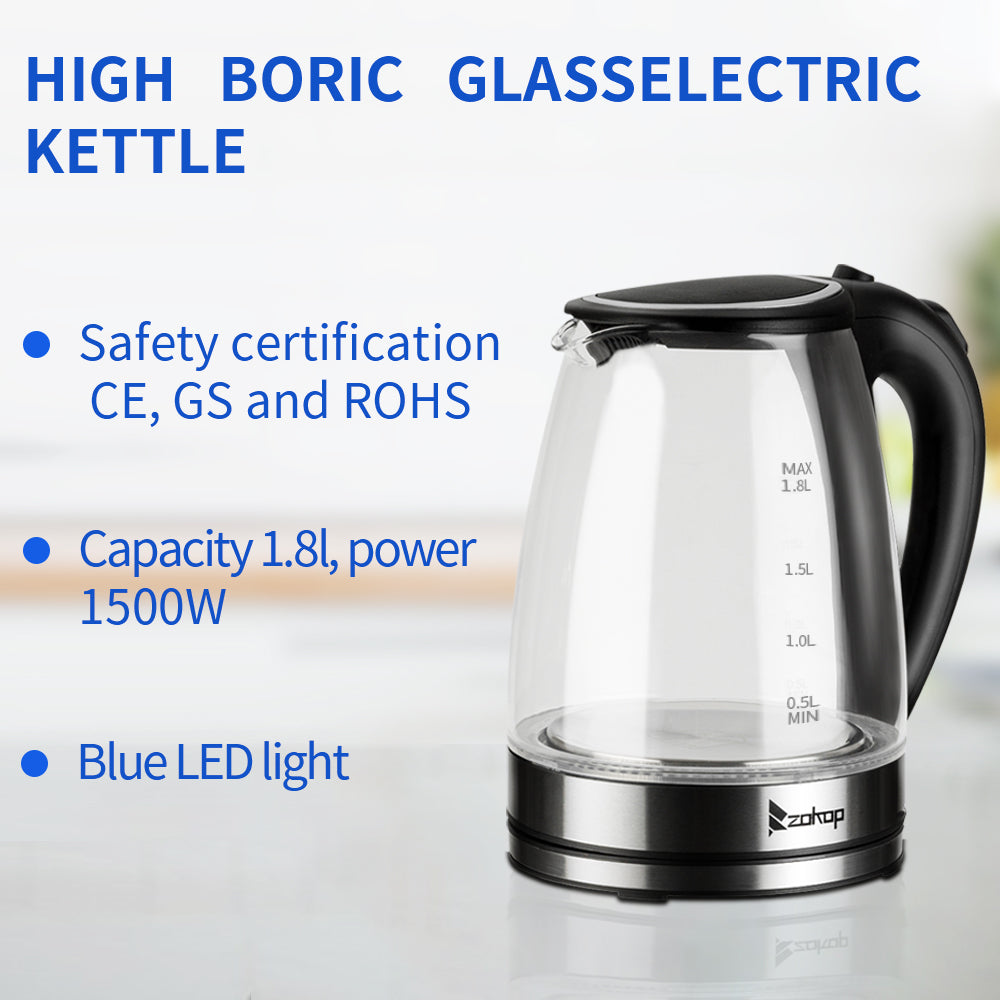 1.8L Electric Glass Kettle with Blue LED, Auto Shut-Off, 1500W