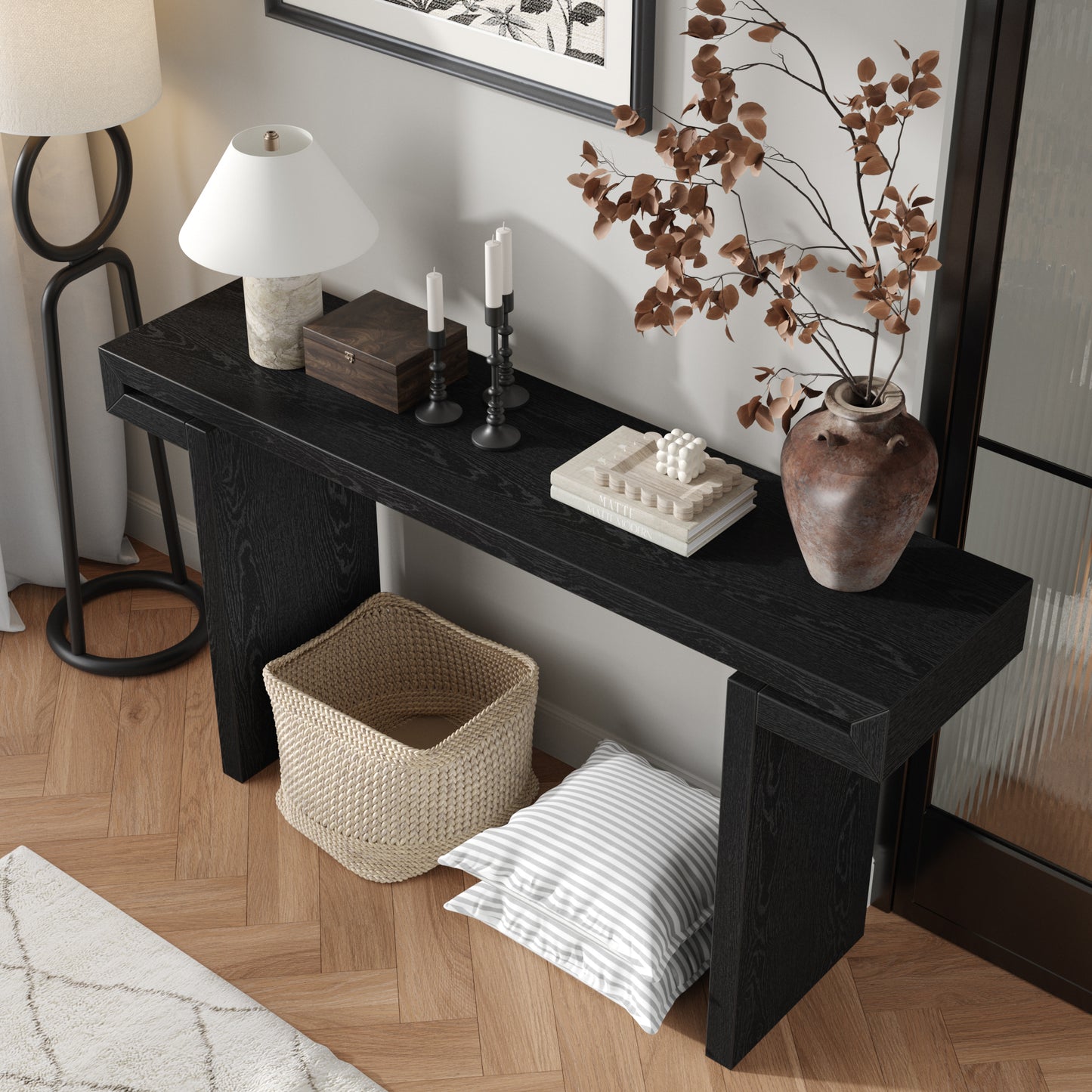 Rustic Farmhouse Console Table - Distressed Black Wood Finish