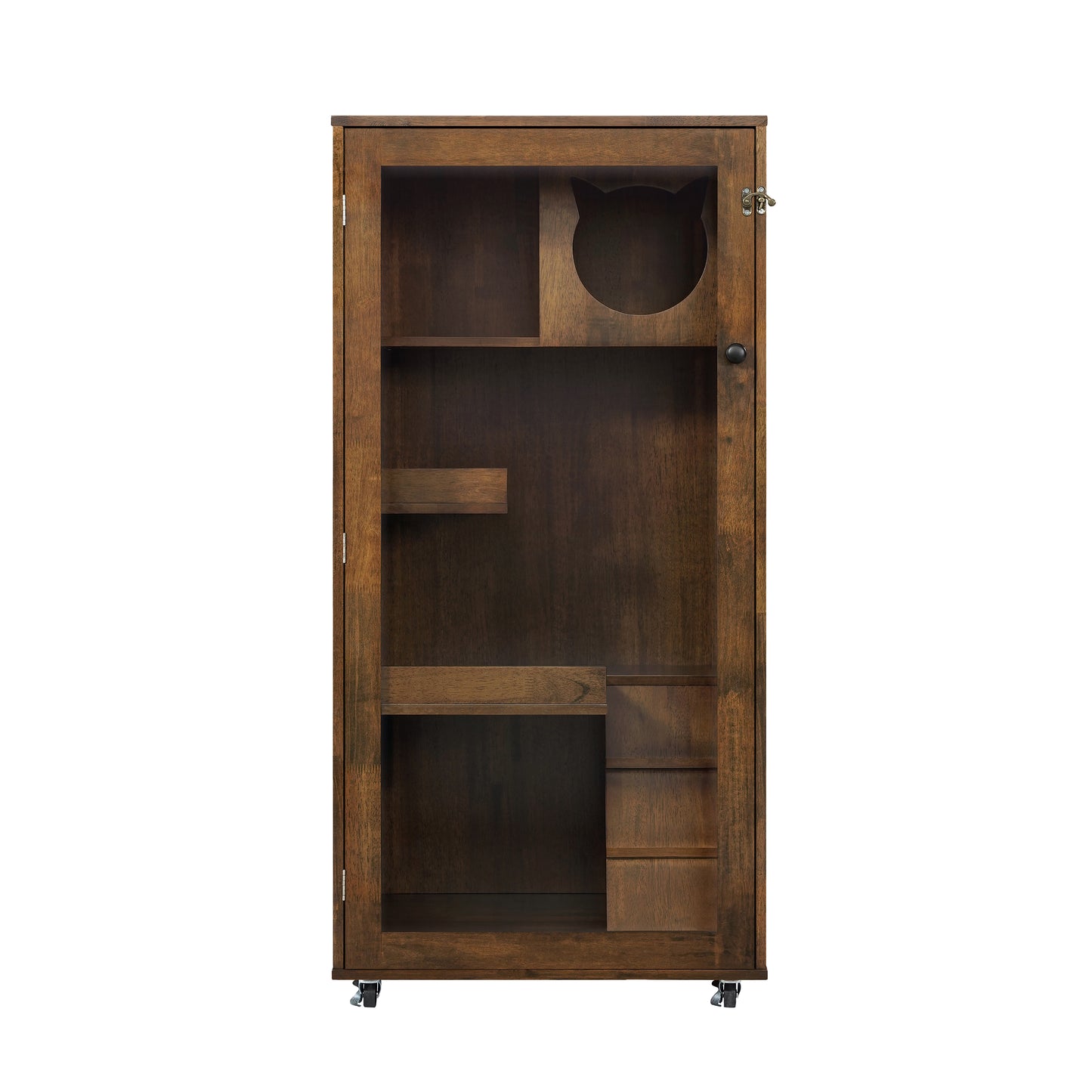 Indoor Rubber Wood Cat Enclosure with Multi-Level Shelves & Lockable Door - Brown Oak Finish