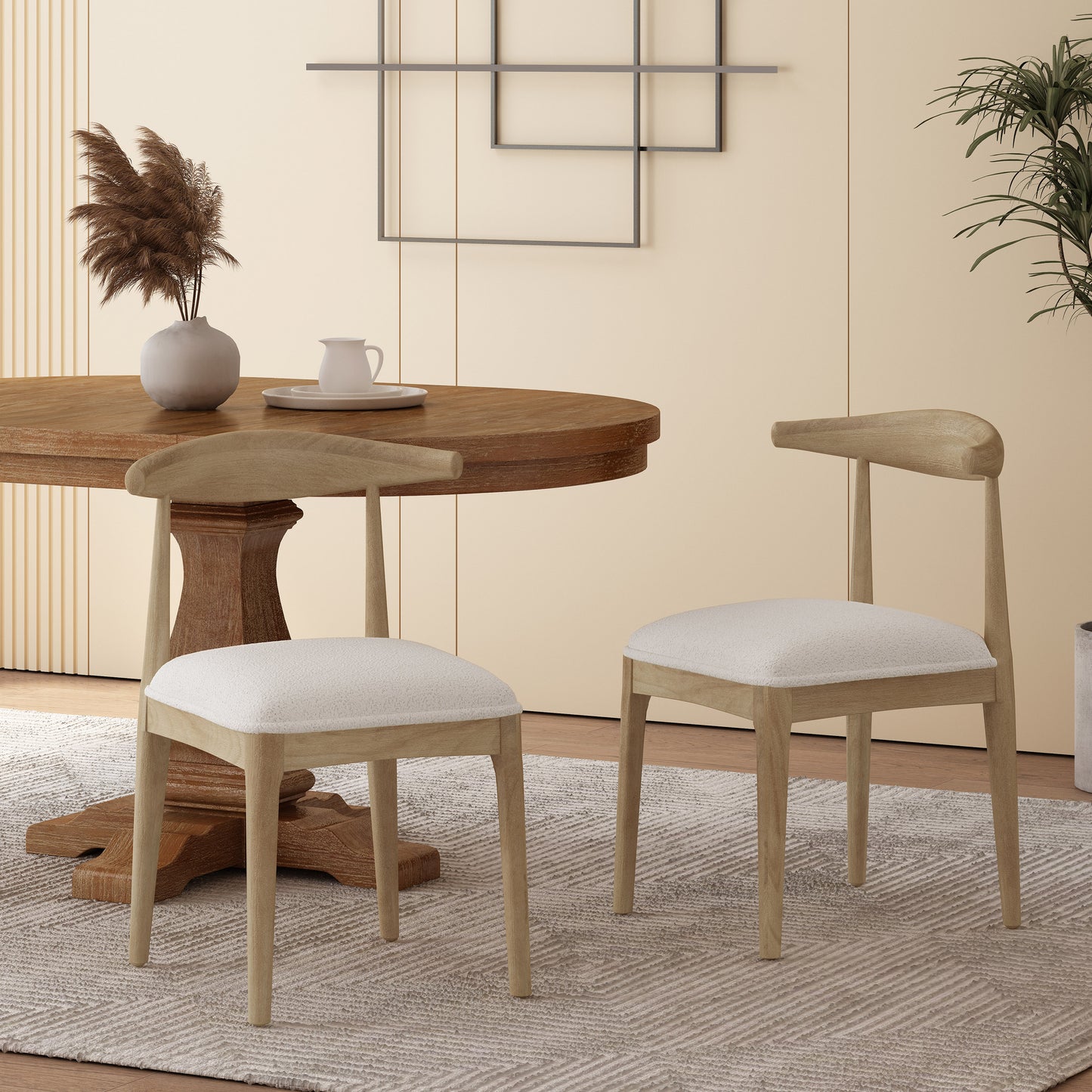 Mid-Century Modern Dining Chair Set of 2 - Ivory Upholstered