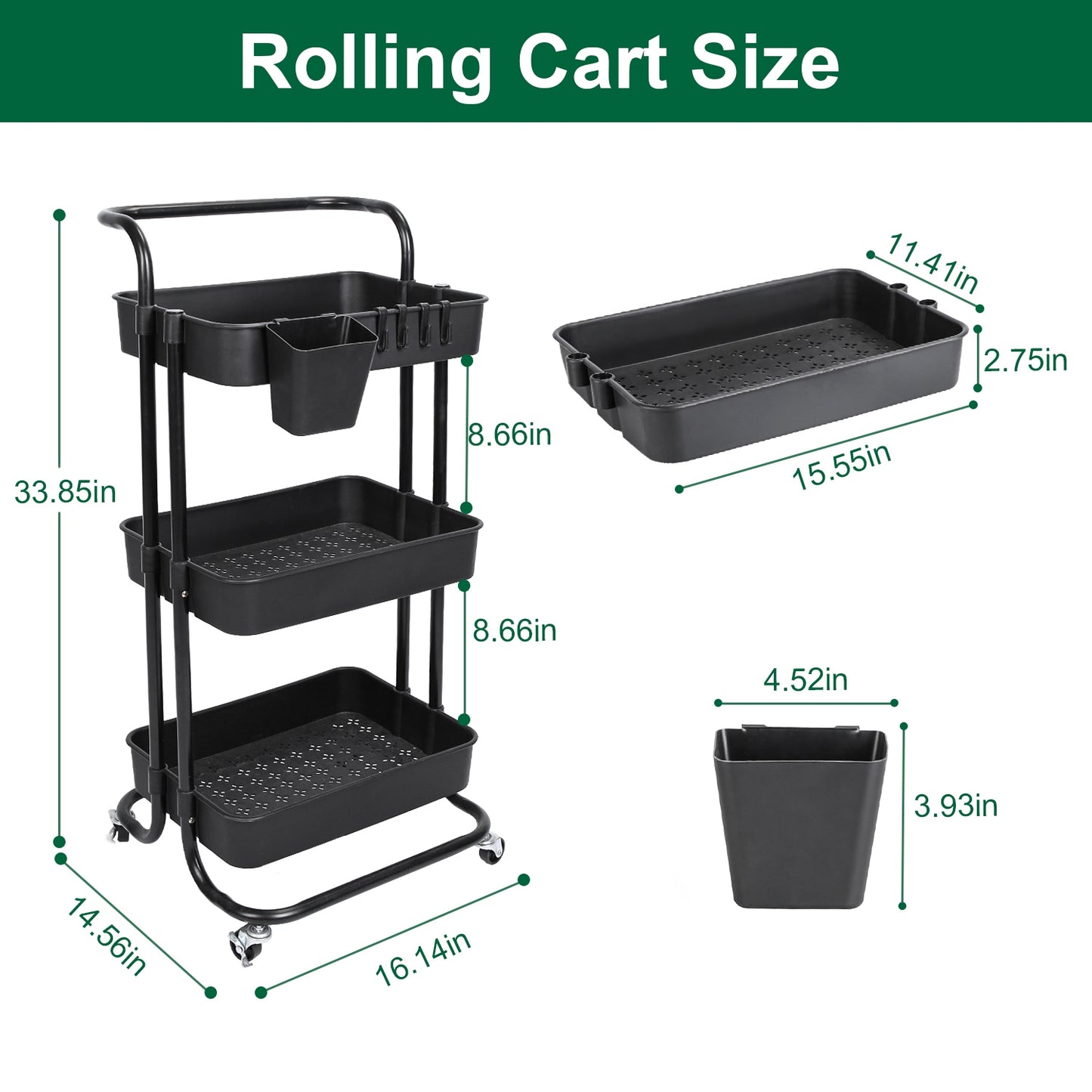 3-Tier Rolling Utility Cart with Mesh Baskets and Lockable Wheels