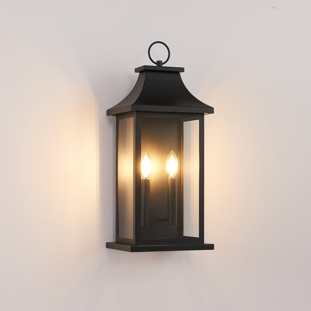 Large 22-Inch Outdoor Wall Lantern Two-Light Black Sconce with Glass Waterproof Fixture