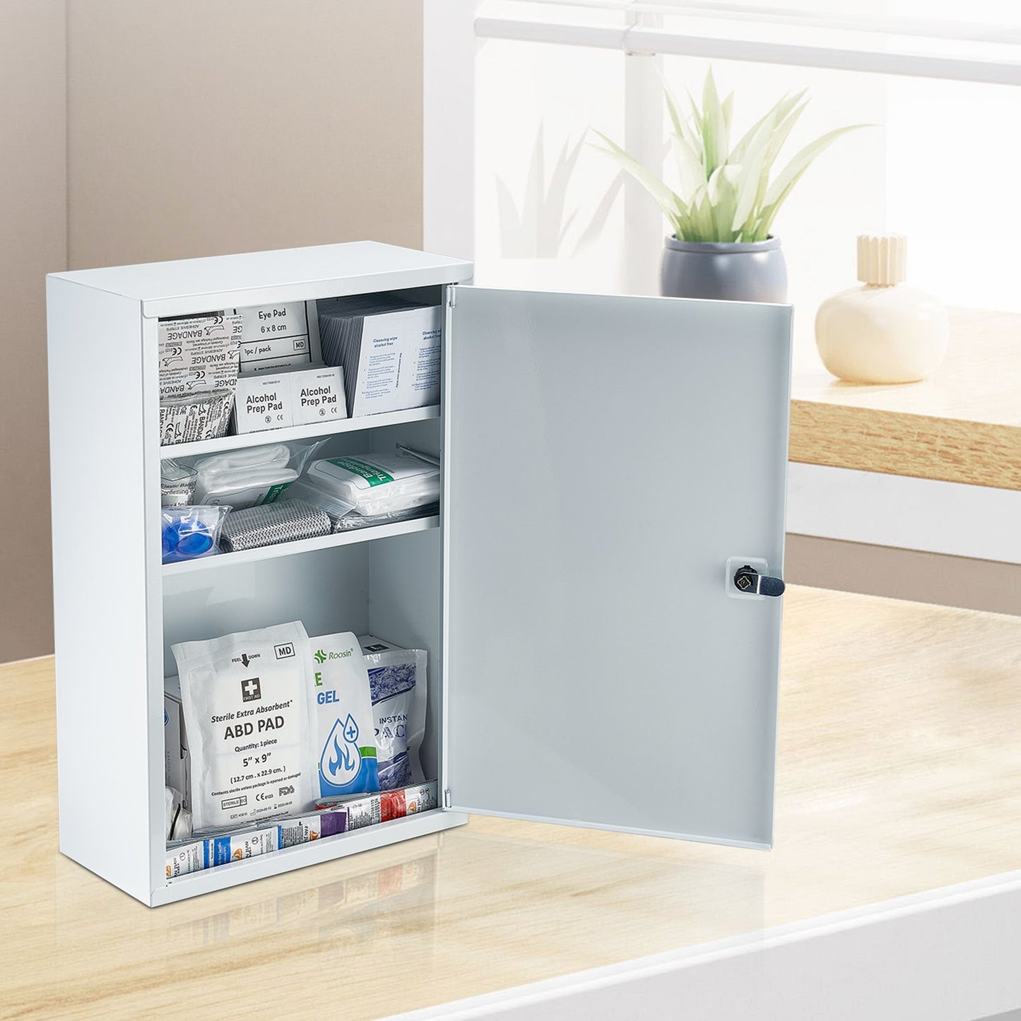 Wall-Mounted First Aid Cabinet - 3-Shelf Metal Med Box