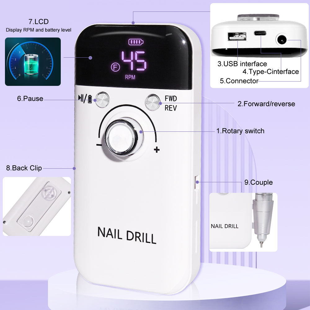 Professional Electric Nail Drill, 45000RPM Rechargeable Portable Nail File Kit