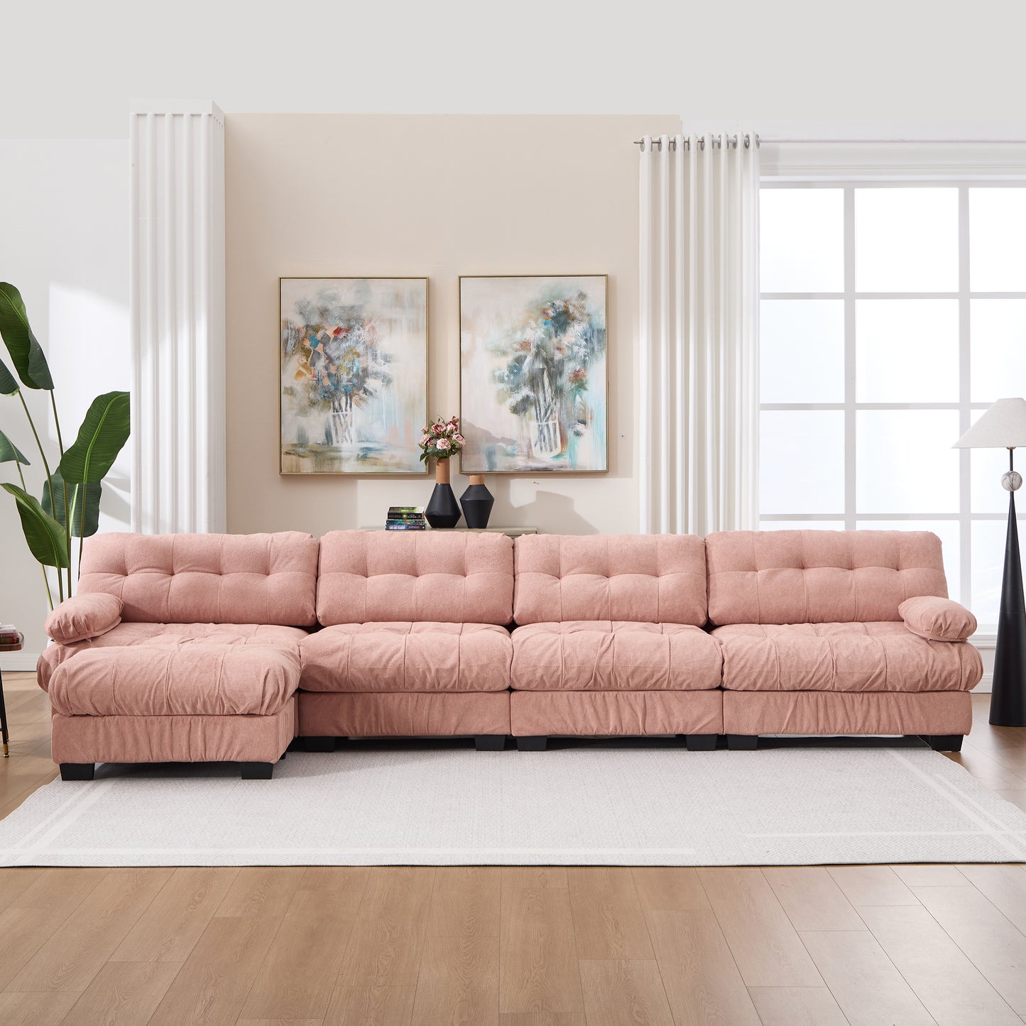 L-Shaped Modular Sectional Sofa - Pink Cloud Couch with 6 Pillows