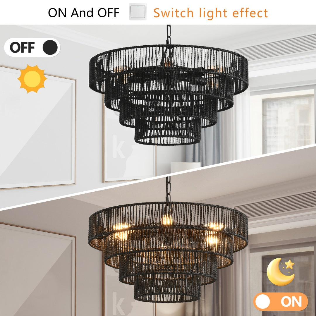 Rustic 4-Tier Hemp Rope Pendant Light Fixture with 6 E12 Sockets