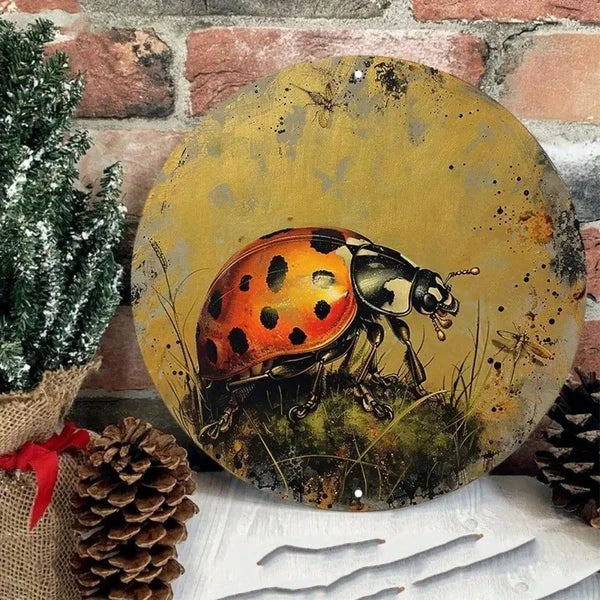 Round Aluminum Metal Sign - Golden Ladybug Wall Decor