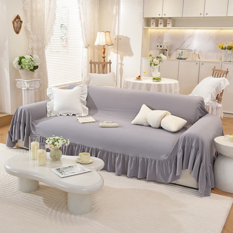 Linen-Colored Ruffled Edge Sofa Cover - Full-Cover Dust Protector