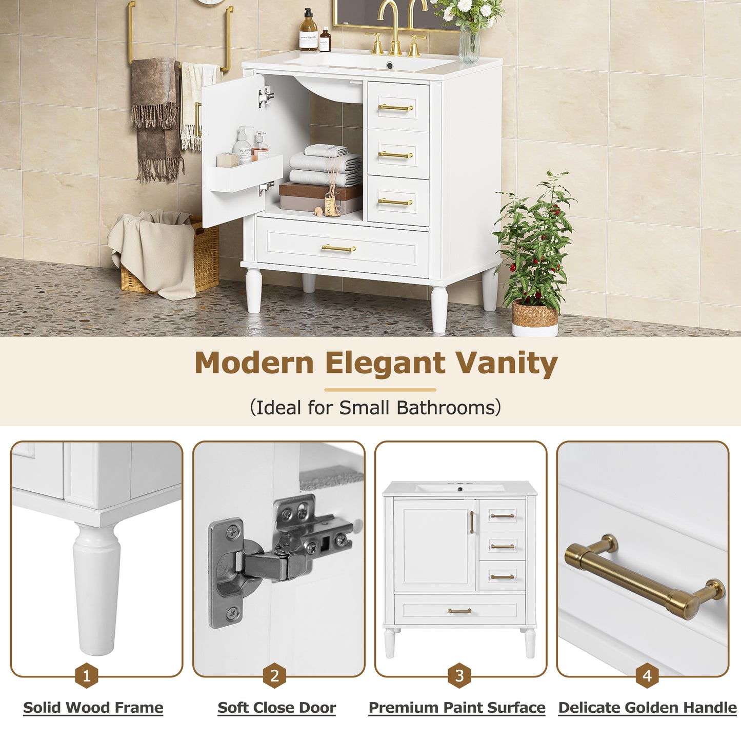 30" Bathroom Vanity with Ceramic Sink and Ample Storage - White