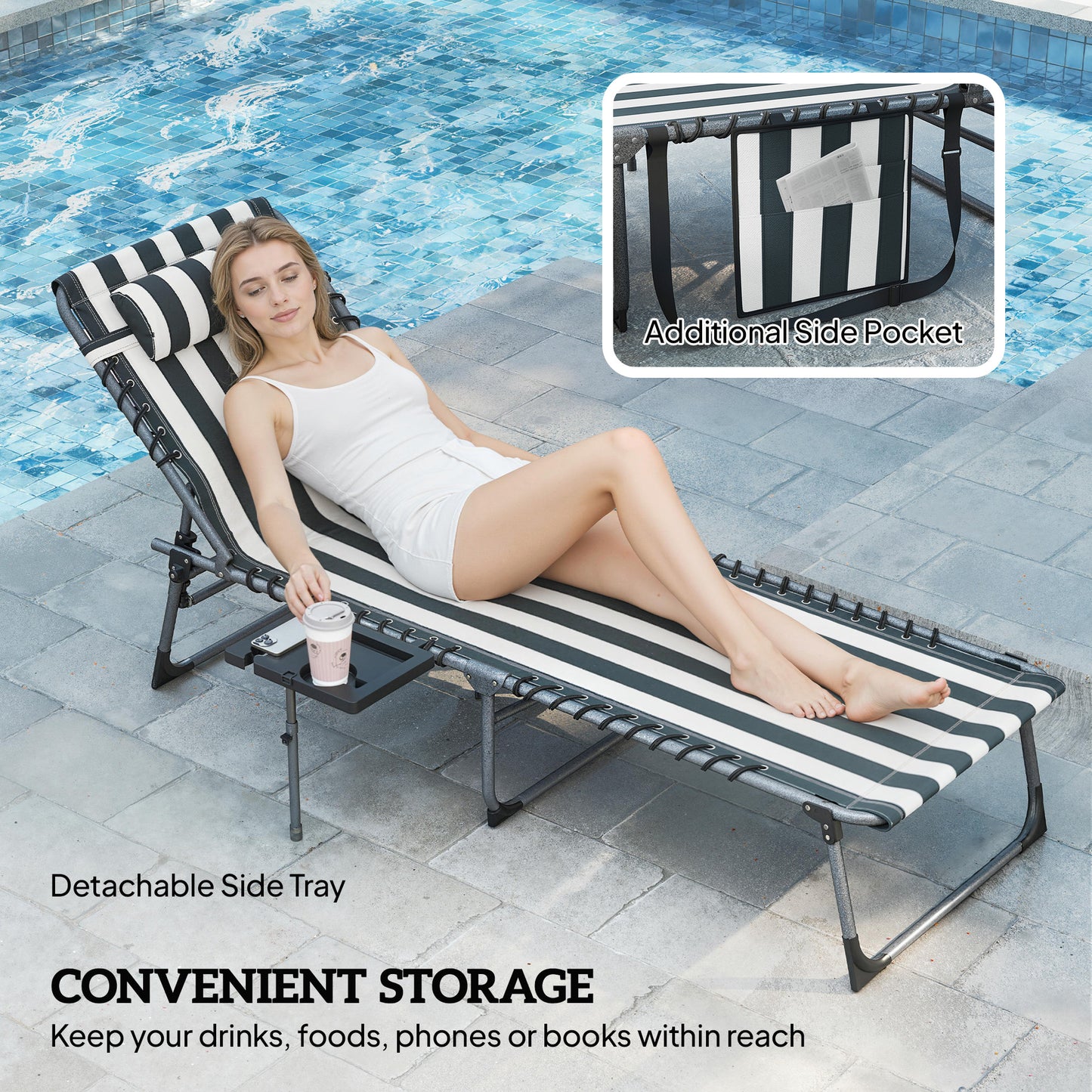Folding Outdoor Chaise Lounge Chair with Adjustable Back & Side Table - Blue & White