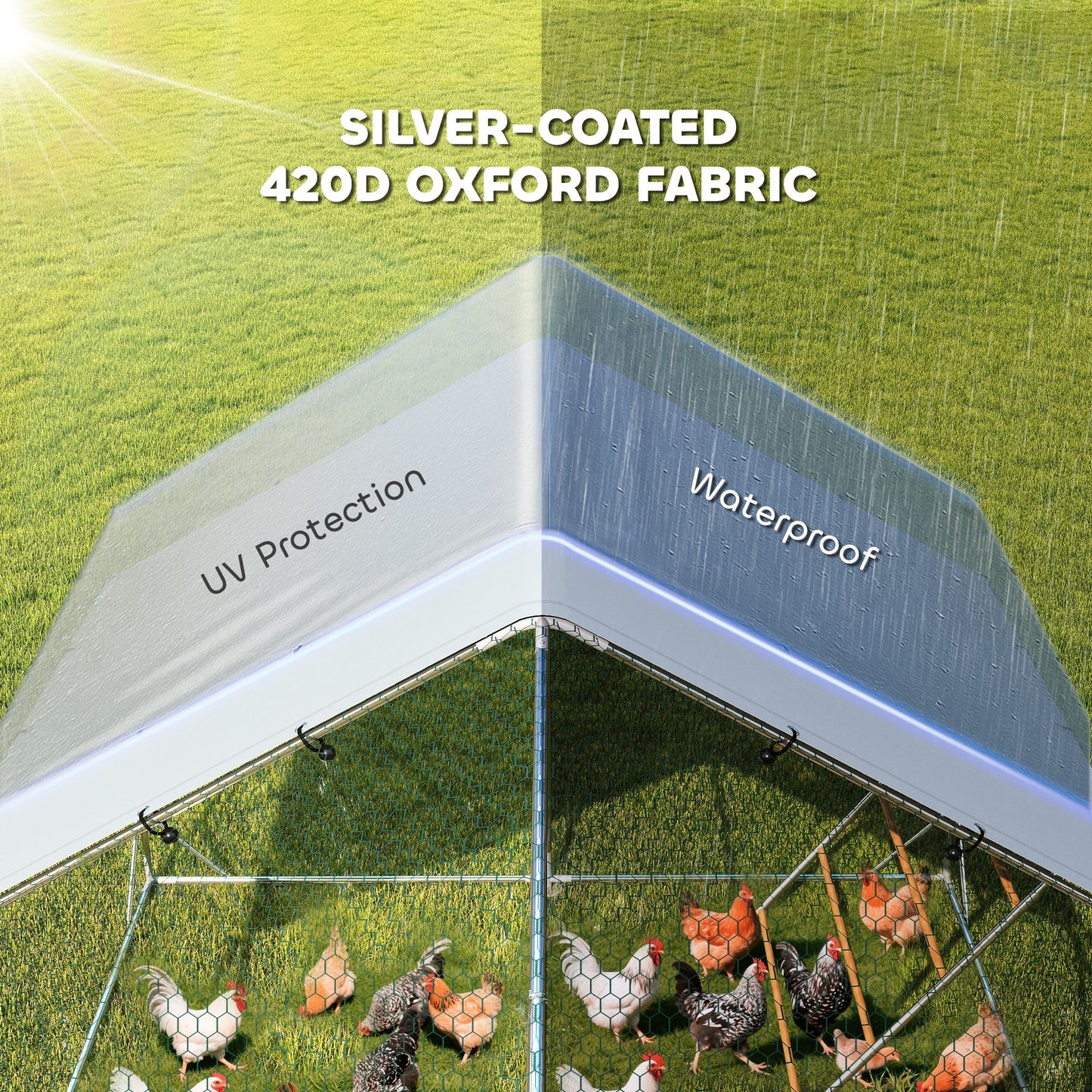 Metal Chicken Run with Waterproof Cover, Feeding Door & Hanging Feeder - Fits 18-24 Chickens, Silver 1980x380x180 mm