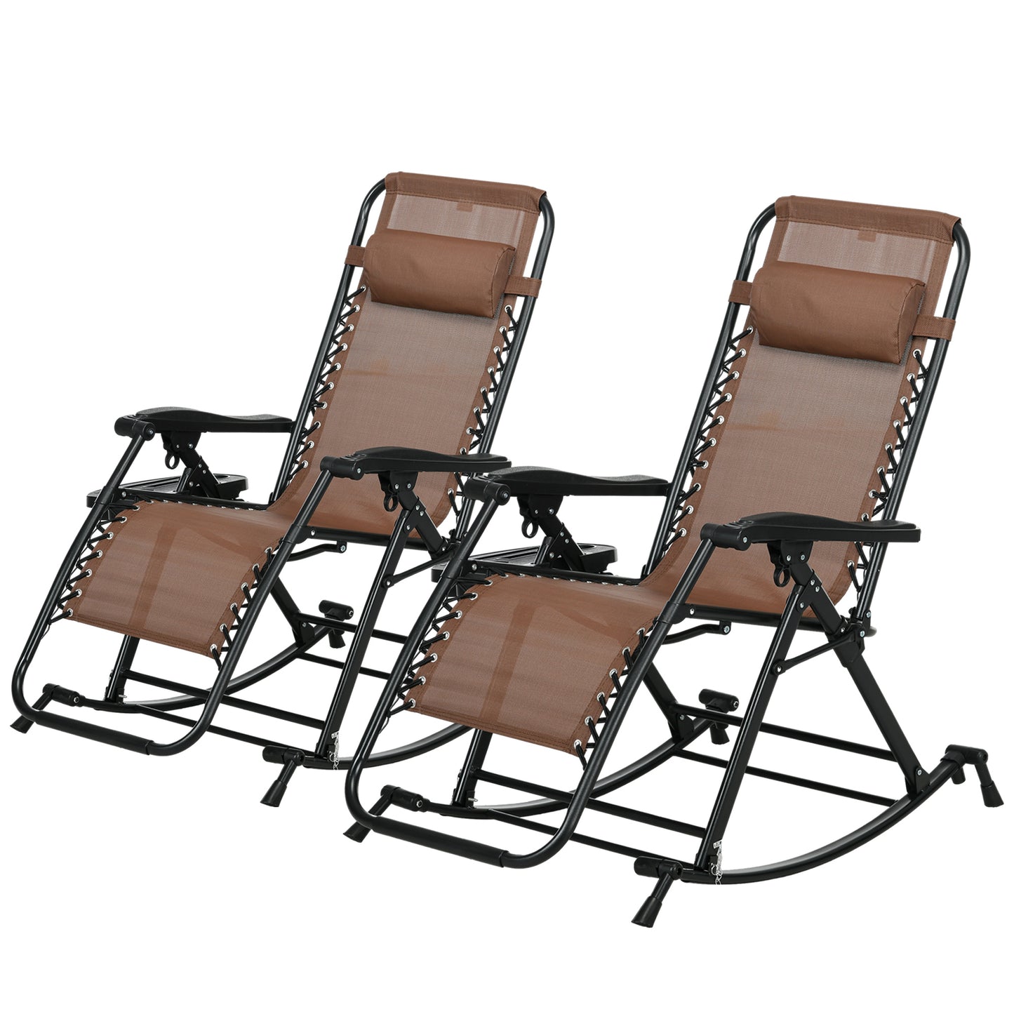 Zero Gravity Rocking Chairs - Set of 2 Foldable Lounge Chairs with Cup Holder - Brown