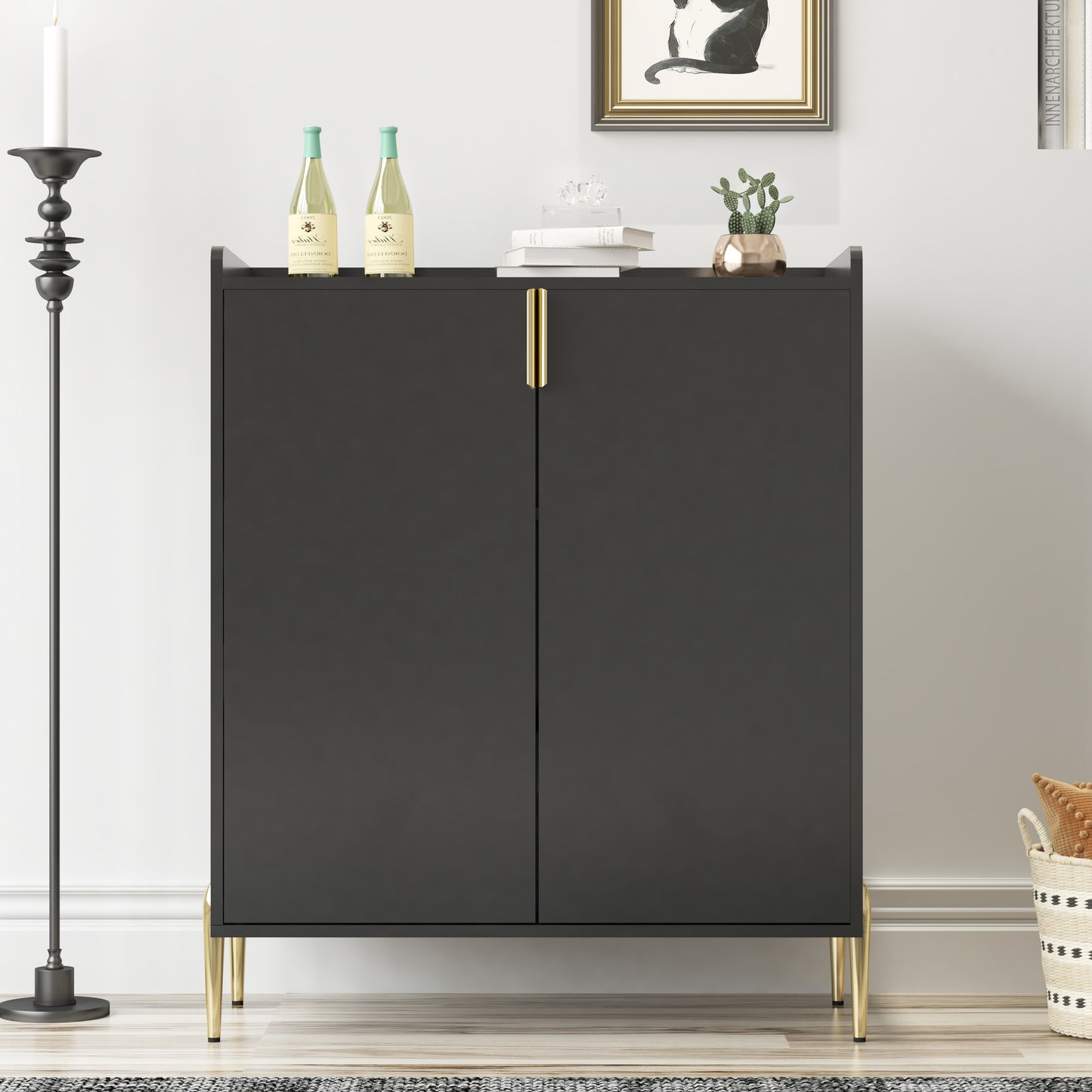 2 Doors Home Wine Bar Cabinet With Rack & Adjustable Storage Shelf,