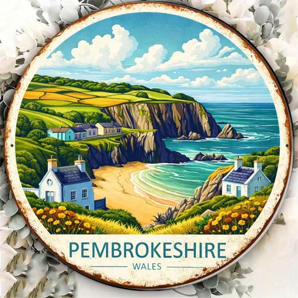 Vintage Cottage Landmark Round Wall Sign - Pembrokeshire Wales