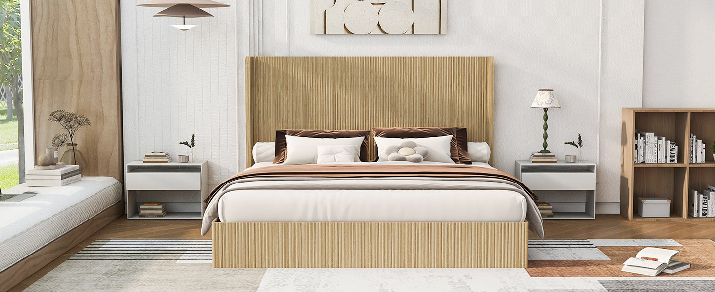 King Size Mid-Century Fluted Wood Bed Frame with Wingback Headboard