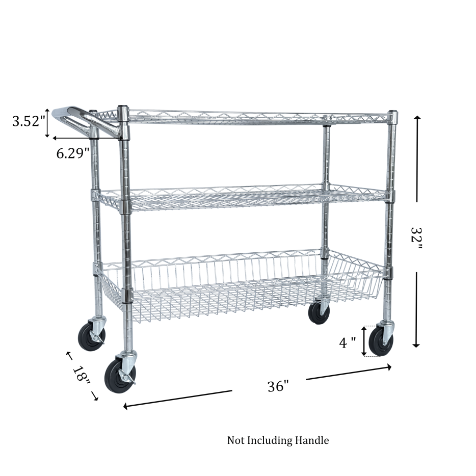 Heavy Duty 3-Tier Rolling Utility Cart with Handle and Shelves - Chrome