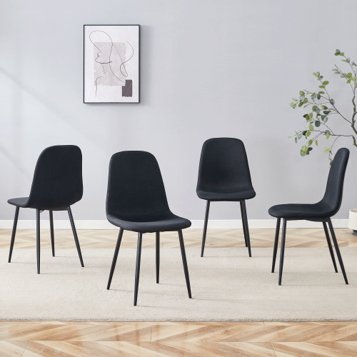 Set of 4 Black Linen-Cotton Dining Chairs with Metal Legs