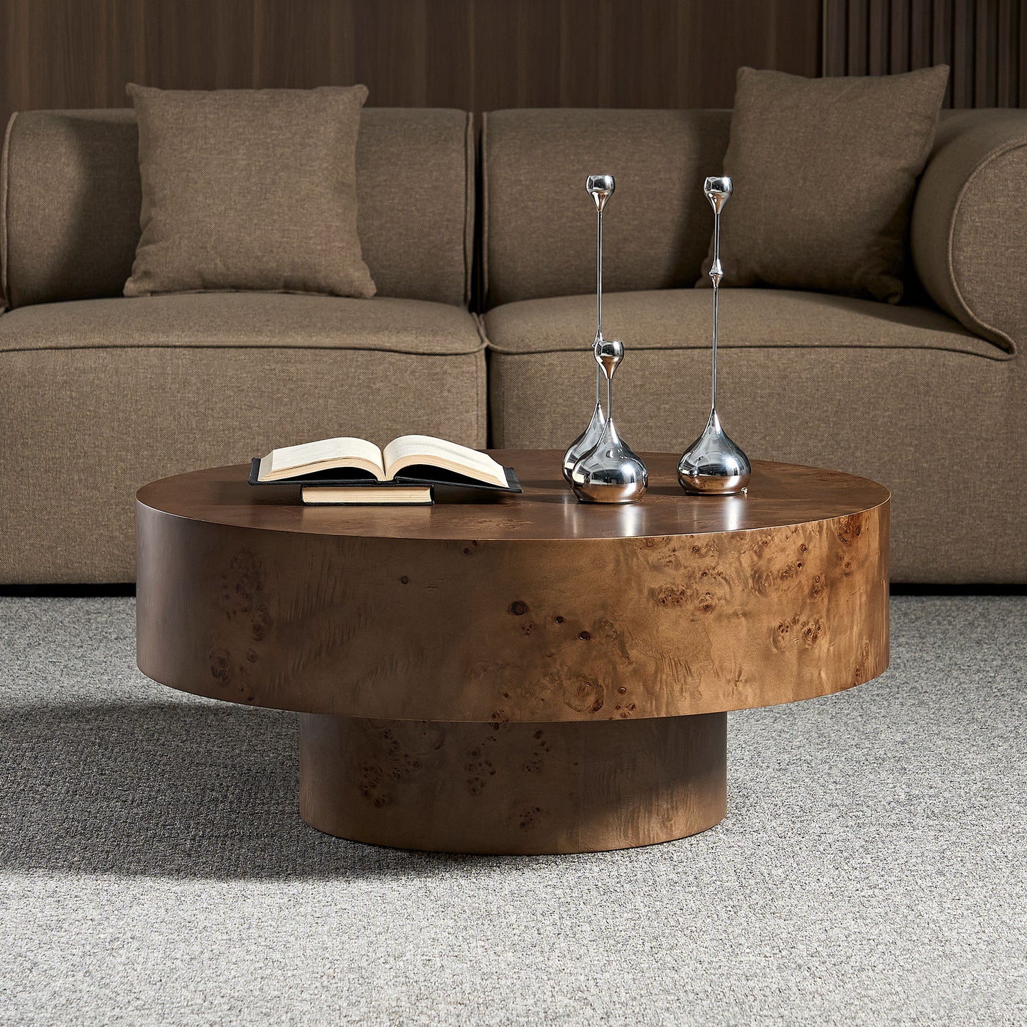 31.49'' Round Burl Wood Veneer Coffee Table - Walnut