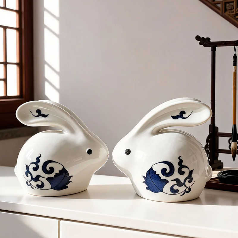 Blue-and-White Ceramic Rabbit Ornament Pair - Chinese Porcelain Decor