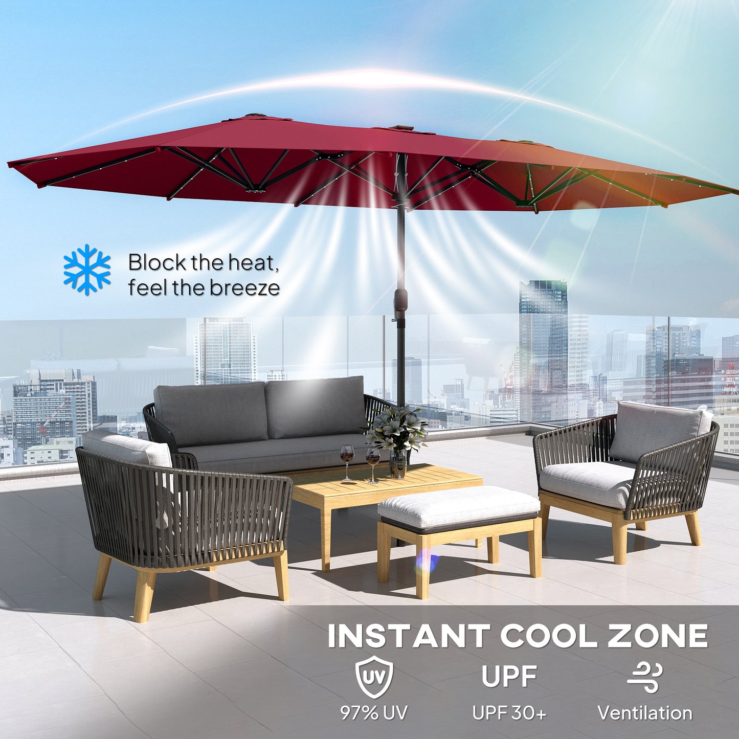 Double-Sided Garden Parasol with LED Solar Lights - Wine Red