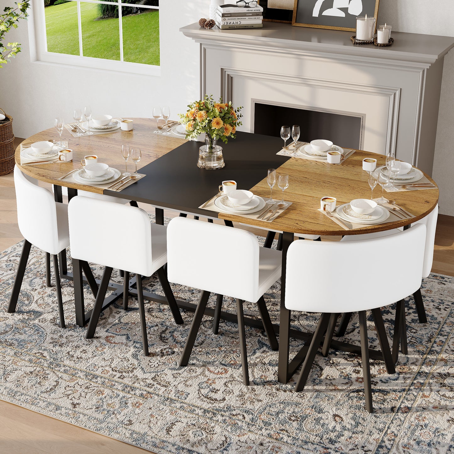 9-Piece Oval Dining Table Set with 8 White PU Leather Chairs