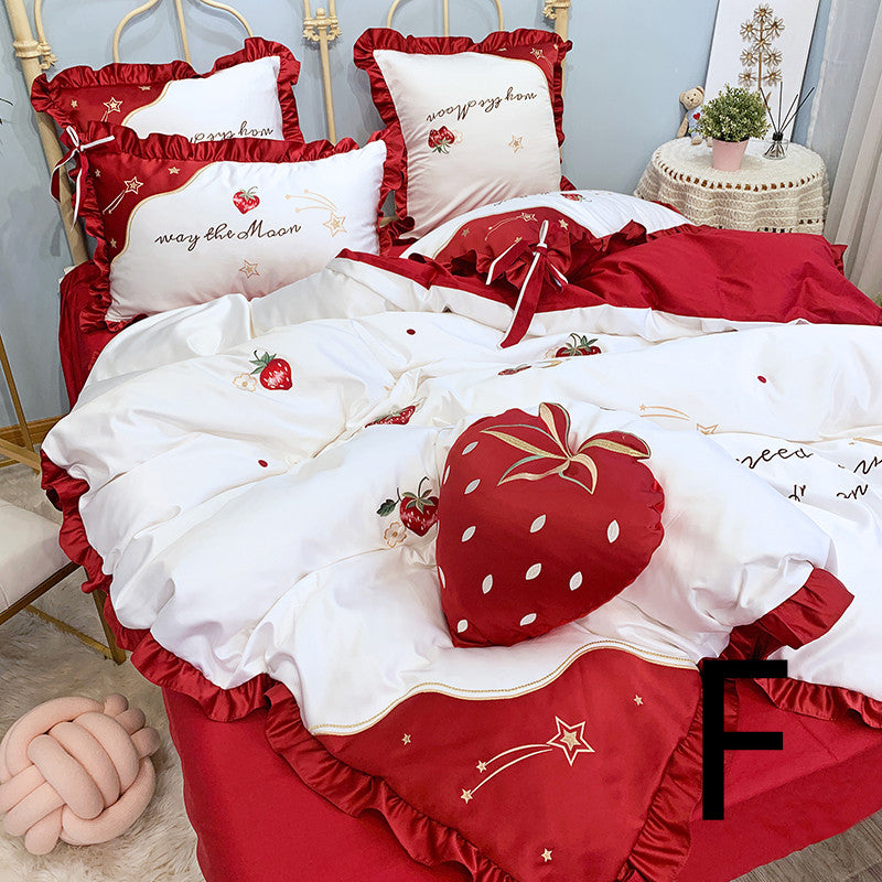 Cotton Embroidery Duvet Cover Set - Four-Piece Bedding with Strawberry Design