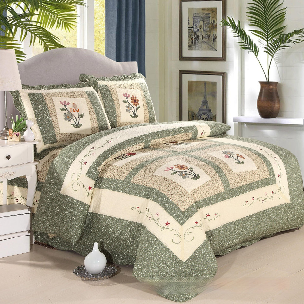 Cotton Summer Duvet Cover Set with Pillowcases - Green, 3 Pieces