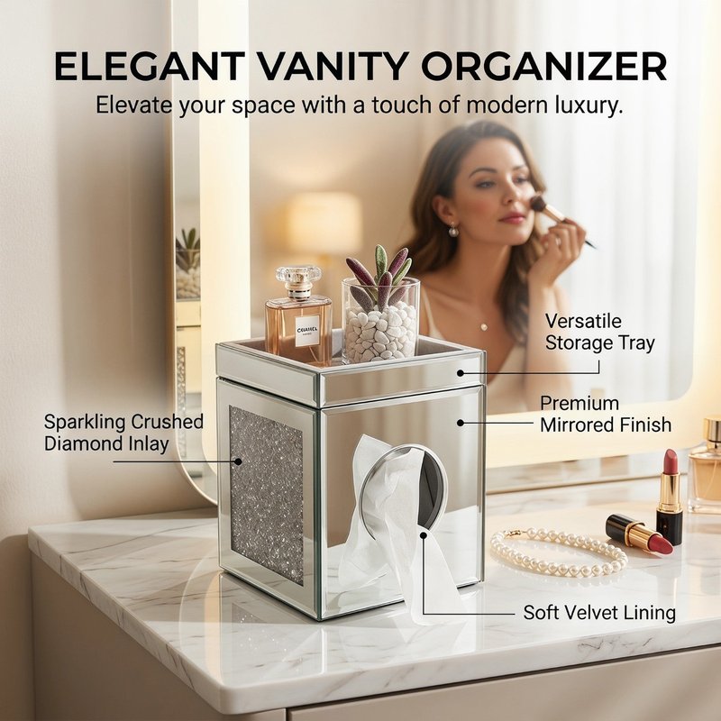 Mirrored Crushed Diamond Tissue Box Cover Square Glass Bathroom Decor Silver
