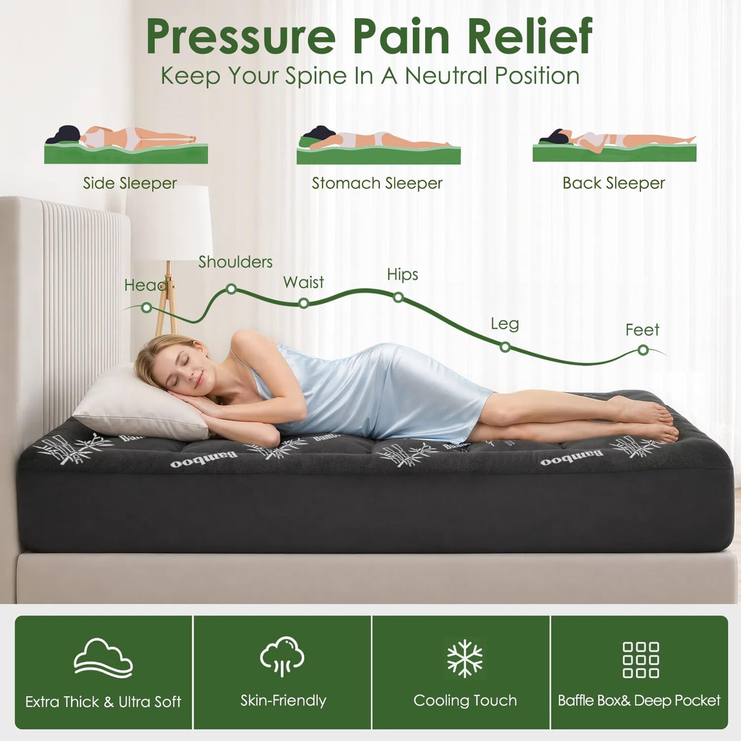 Cooling Bamboo Mattress Topper - Soft Pillow Top & Deep Pocket