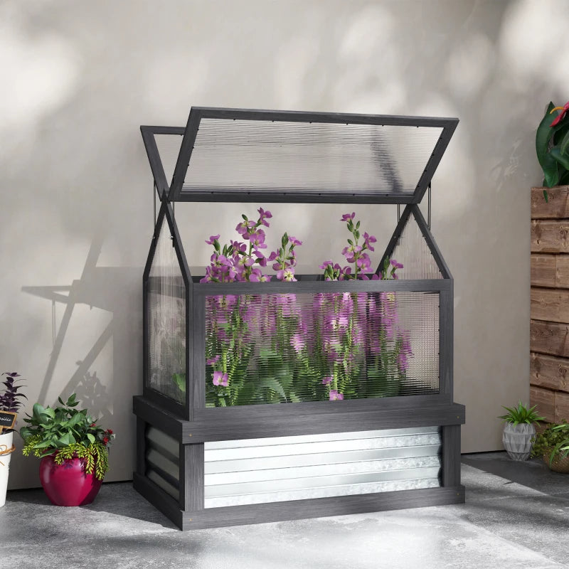 Raised Garden Bed Kit with Greenhouse - Wooden Cold Frame Planter, Gray Silver