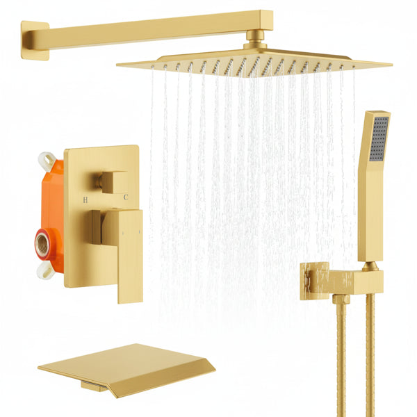 Rain Shower System Brushed Gold 10-Inch Rainfall Shower Head with Handheld Sprayer & Tub Spout