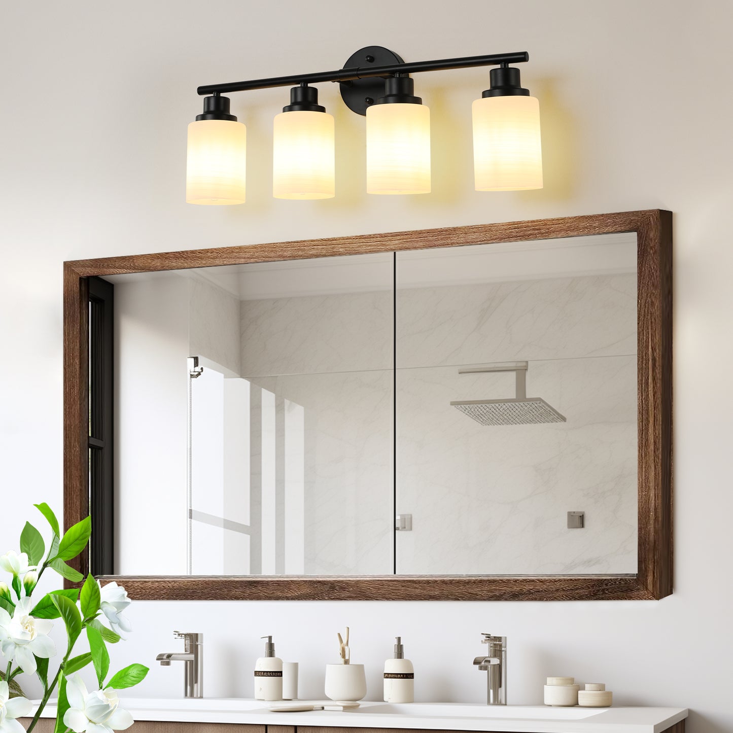 Modern 4-Light Bathroom Vanity Light - Frosted White Glass & Black Iron Frame