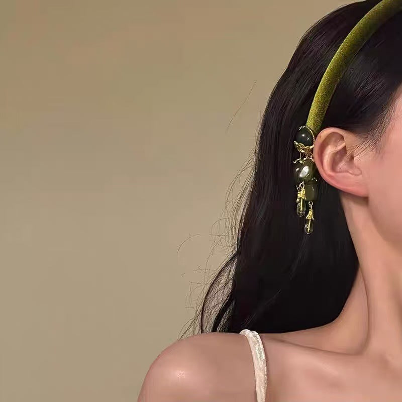 Retro French-Style Olive Green Tassel Headband for Women