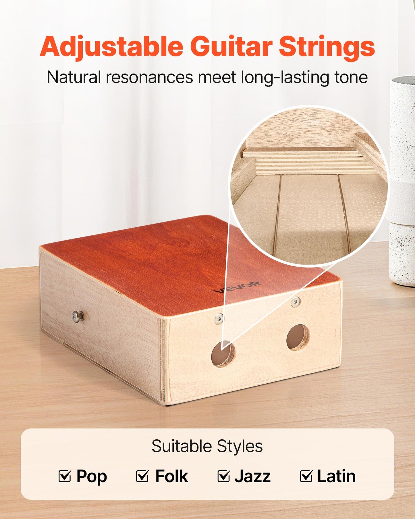 Wood Cajon Box Drum with Adjustable Guitar Strings & Travel Bag
