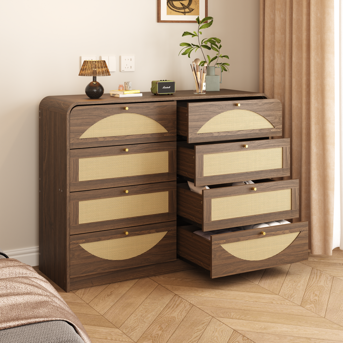 Walnut 8-Drawer Dresser with Rattan Front - Modern Storage Cabinet
