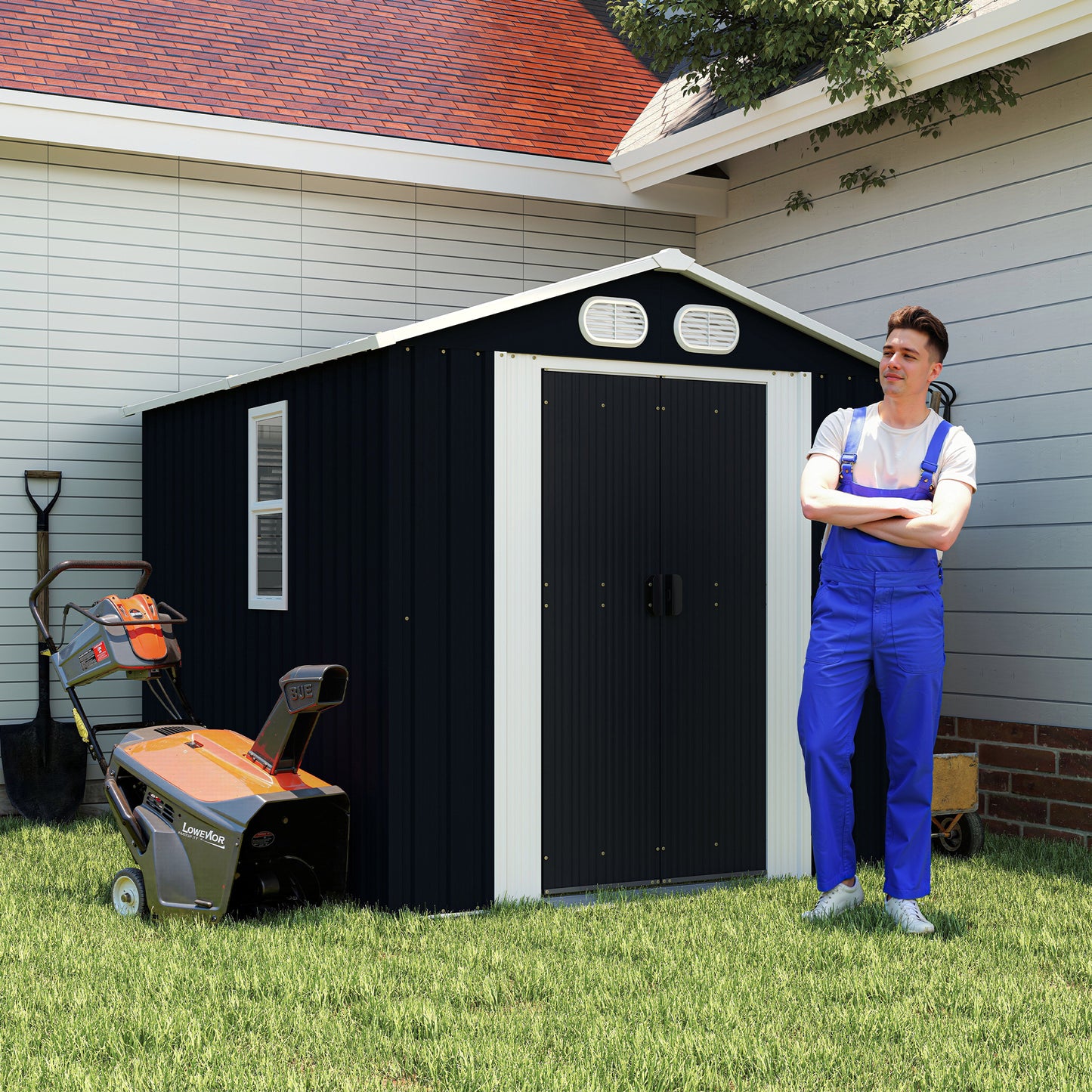 8x6 FT Outdoor Metal Storage Shed with Lockable Doors & Vents - Dark Gray