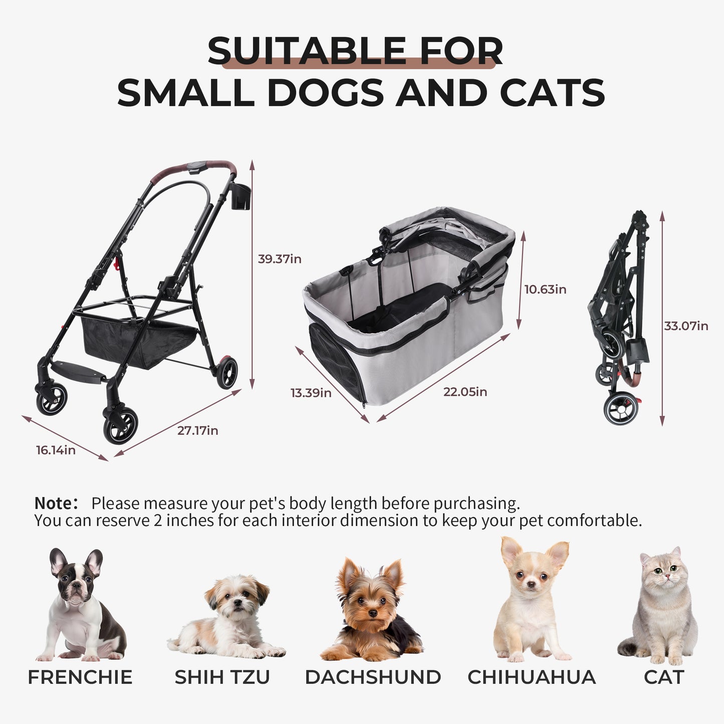 Foldable 4-Wheel Pet Stroller for Small Dogs & Cats - Grey, Travel & Separable Carrier
