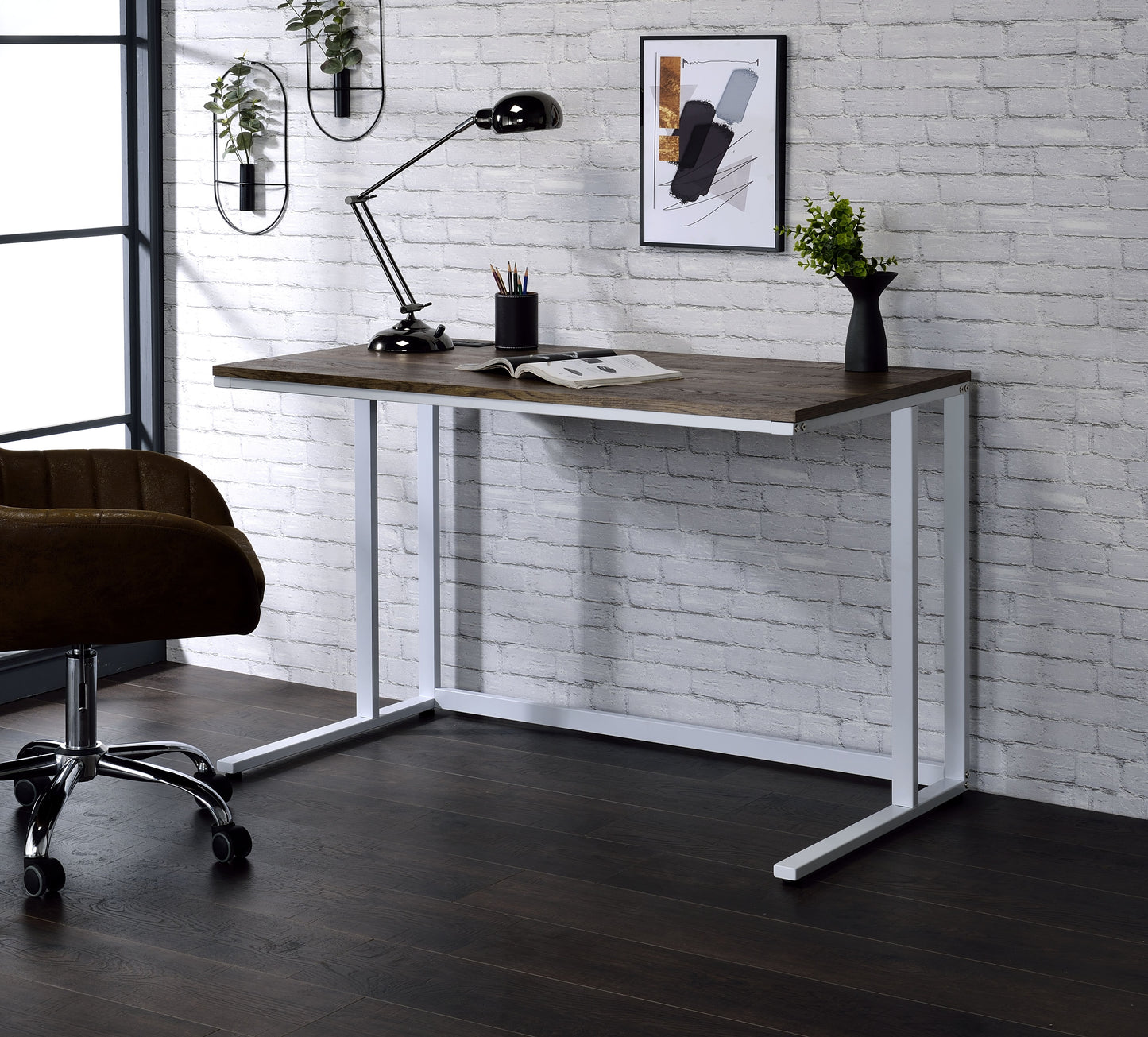 Walnut & White Writing Desk with USB Port - 47" Rectangular