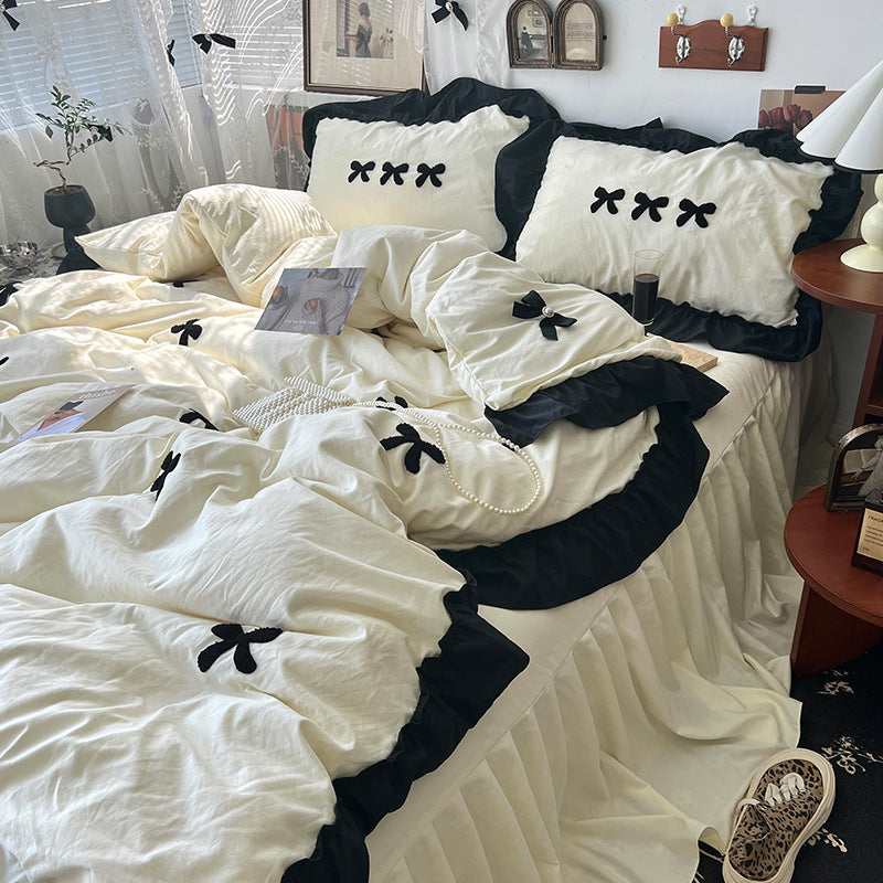 Cream Ins Girl Bow Lace Cotton Bedding Set - Multiple Sizes & Patterns