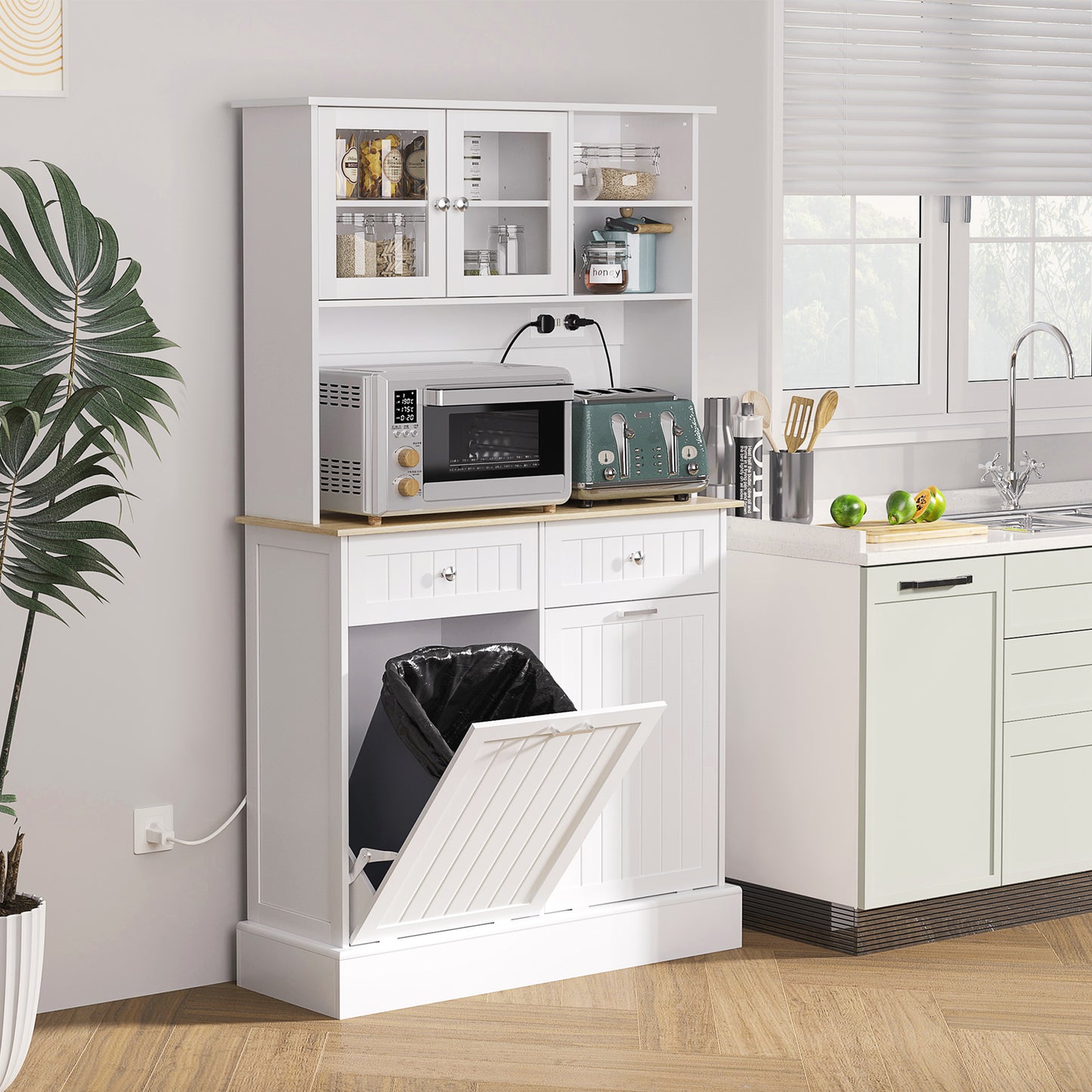 Kitchen Pantry Cabinet with Charging Station & Tilt-Out Cabinets