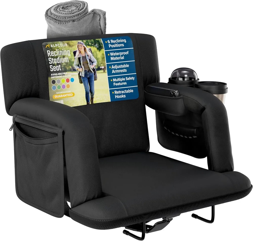 Reclining Stadium Seat with Back Support - 21" Wide, Black