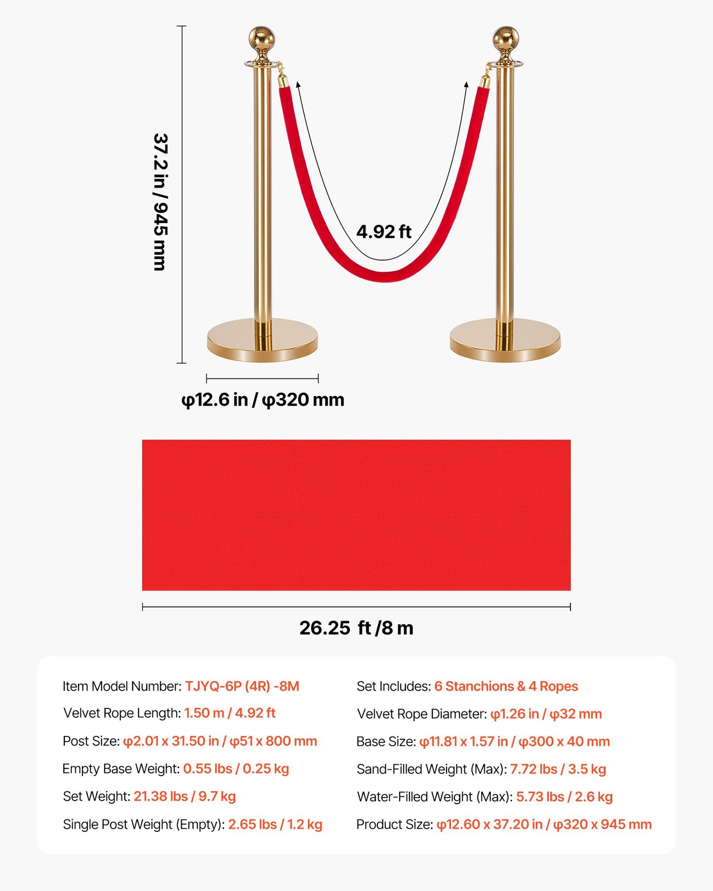 Crowd Control Barrier Set with Velvet Ropes and Red Carpet - Gold Stanchion Posts
