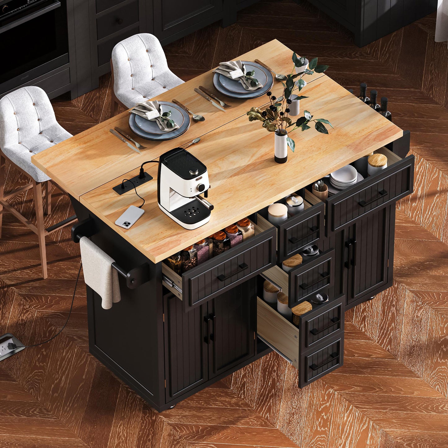 K&K 56.5 Kitchen Island With Drop Leaf, Power Outlet, Embossed