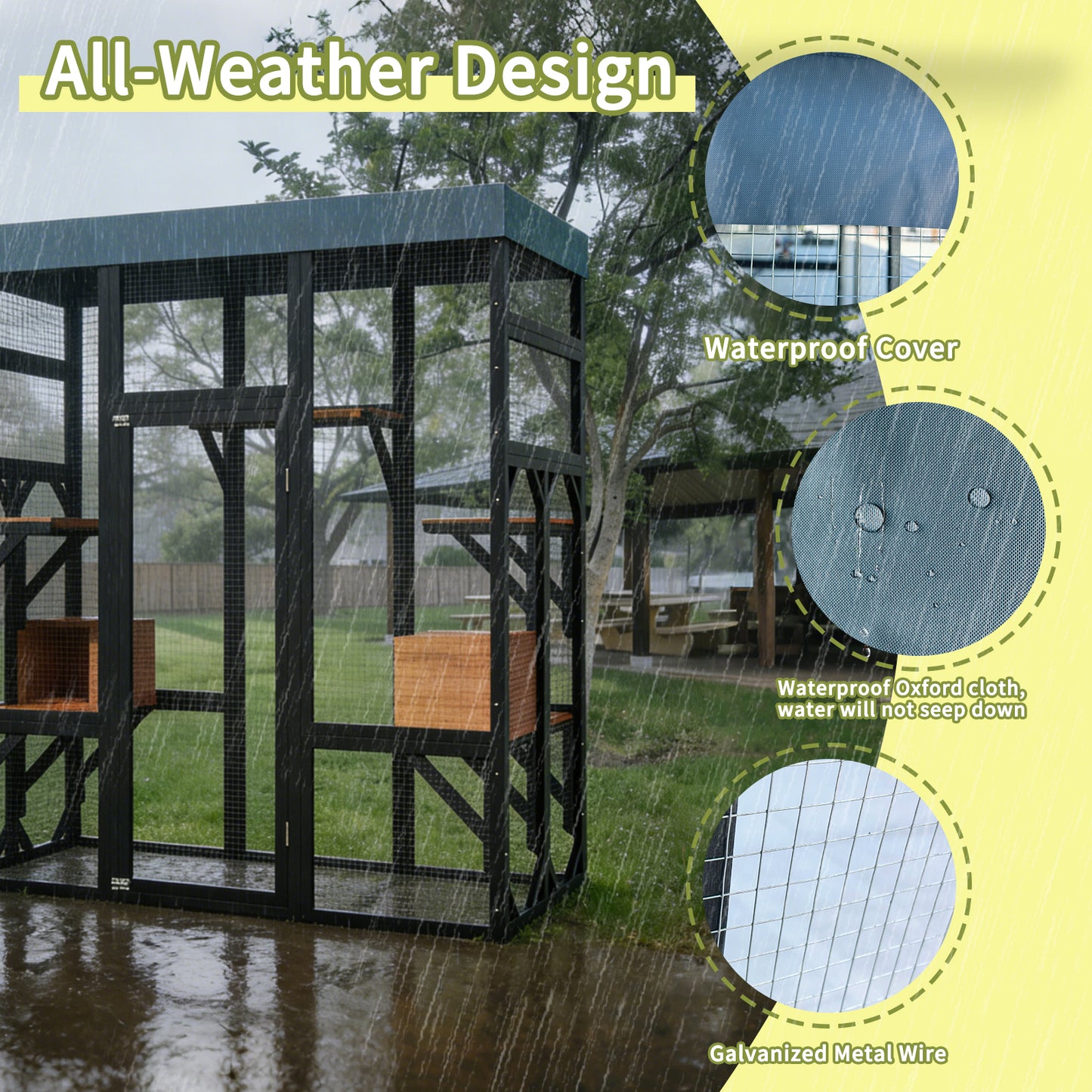 Large Wooden Cat Enclosure with Waterproof Cover and Multiple Platforms